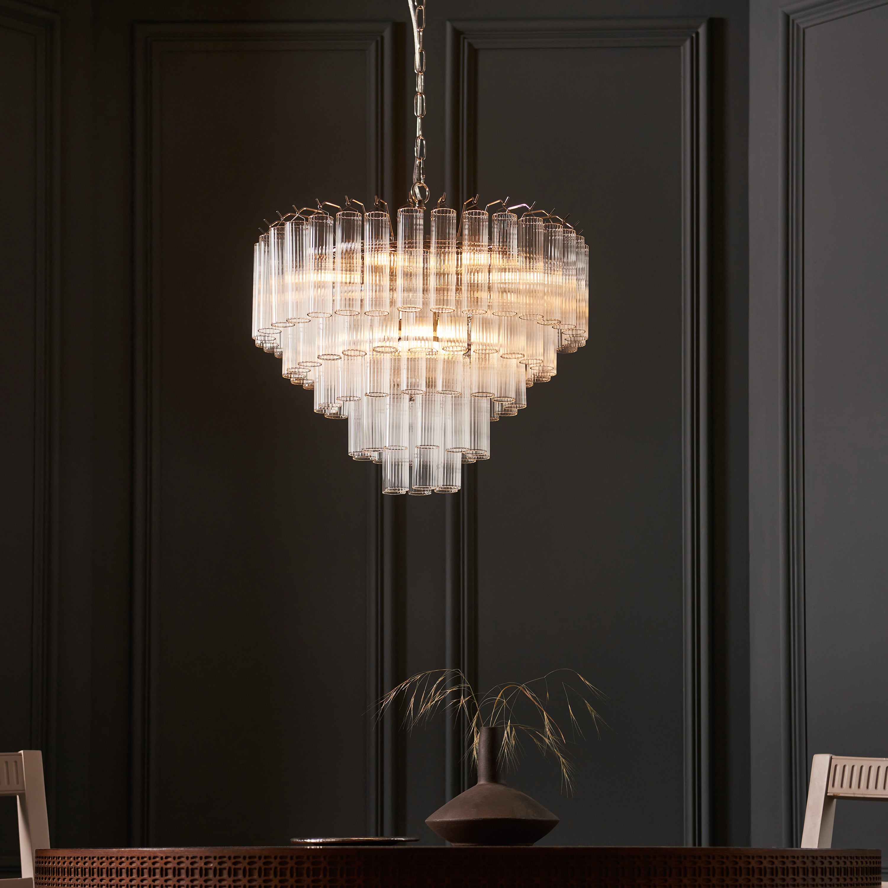 Balma Polished Nickel & Ribbed Glass Tiered Chandelier